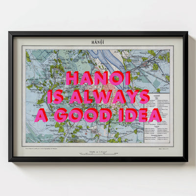 Hanoi Retro Pop Art Map Print (landscape) - black frame mockup - Magic Posters