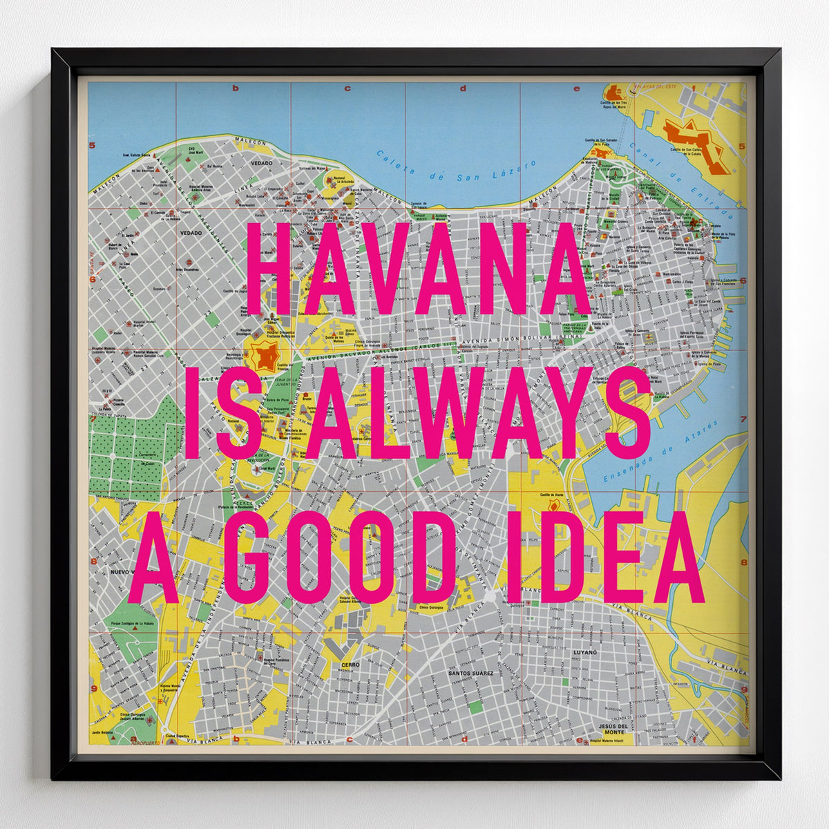 Havana Retro Pop Art Map Print (square) - black frame mockup - Magic Posters