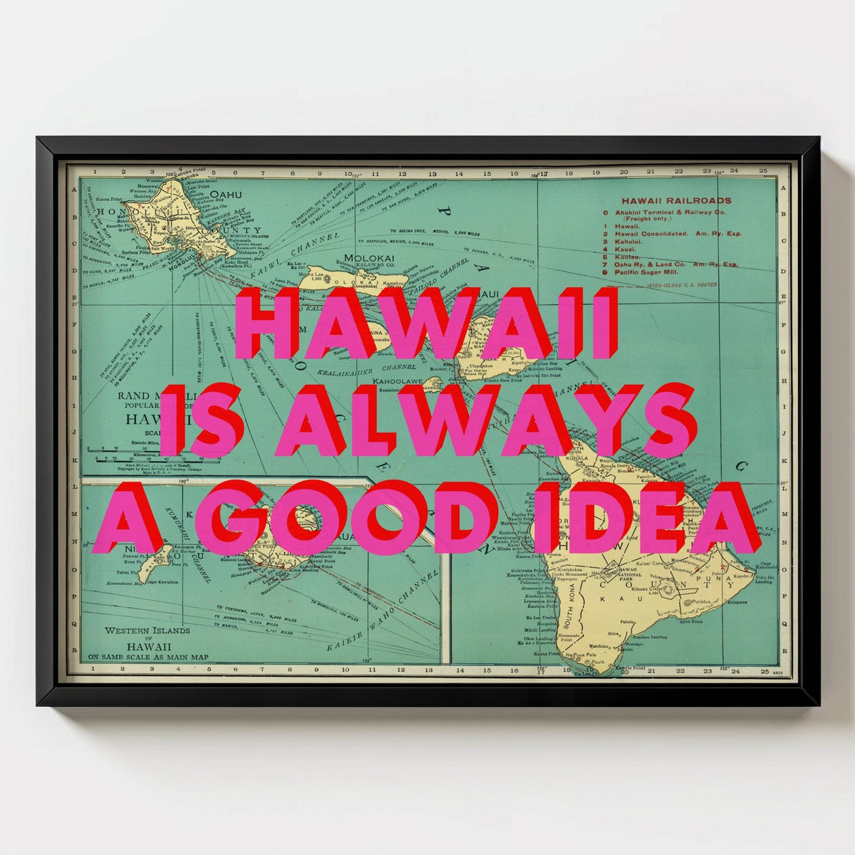 Hawaii Retro Pop Art Map Print (landscape) - black frame mockup - Magic Posters