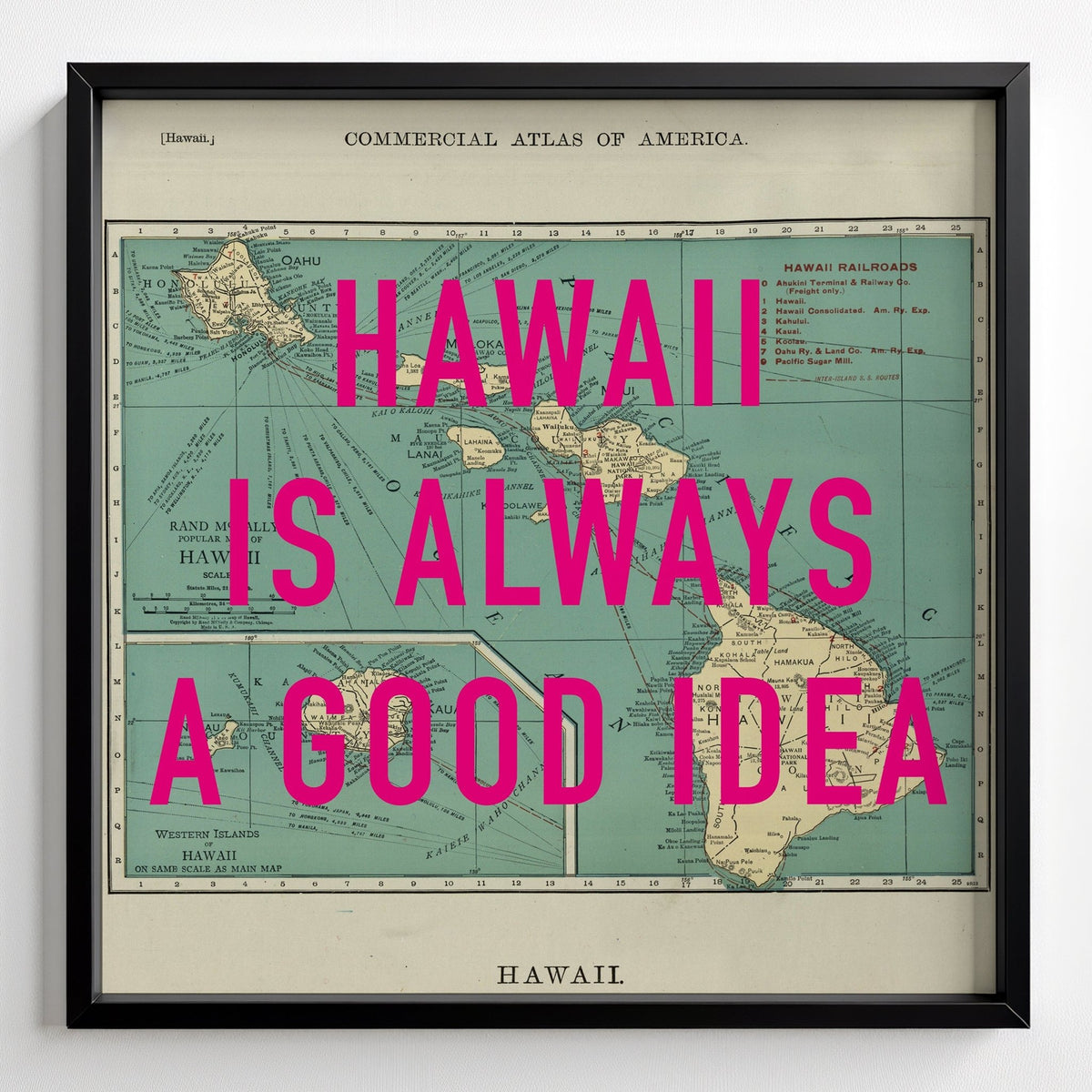 Hawaii Retro Pop Art Map Print (Square) - black frame mockup - Magic Posters