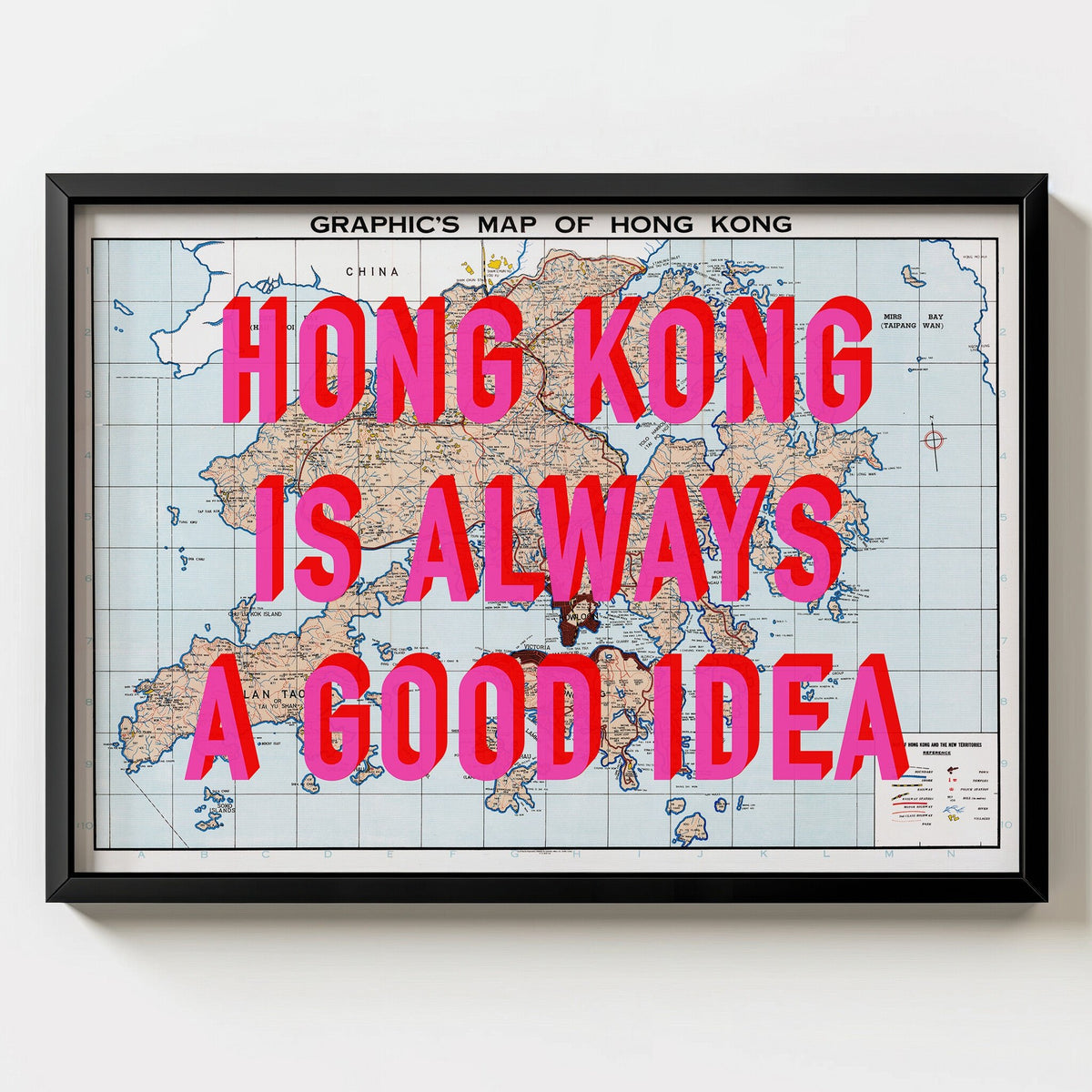 Hong Kong Retro Pop Art Map Print (landscape) - black frame mockup - Magic Posters Bold