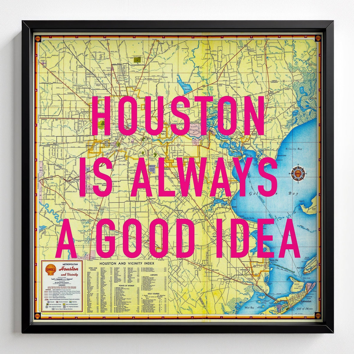 Houston Retro Pop Art Map Print - black frame mockup - Magic Posters
