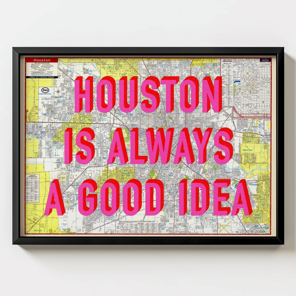 Houston Retro Pop Art Map Print (landscape) - black frame mockup - Magic Posters