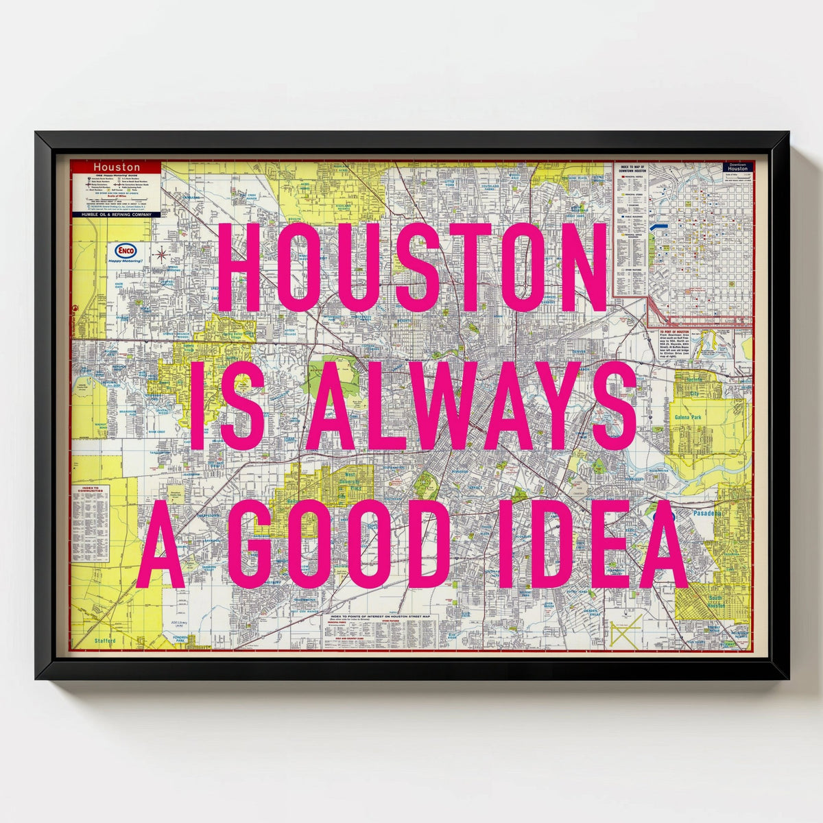 Houston Retro Pop Art Map Print (landscape) - black frame mockup - Magic Posters