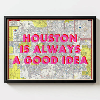 Houston Retro Pop Art Map Print (landscape) - black frame mockup - Magic Posters