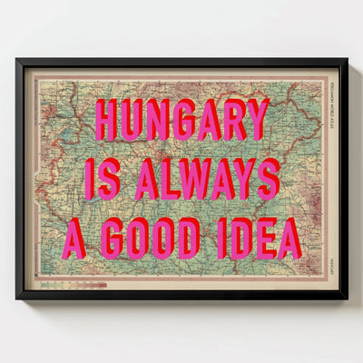 Hungary Retro Pop Art Map Print (landscape) - black frame mockup - Magic Posters