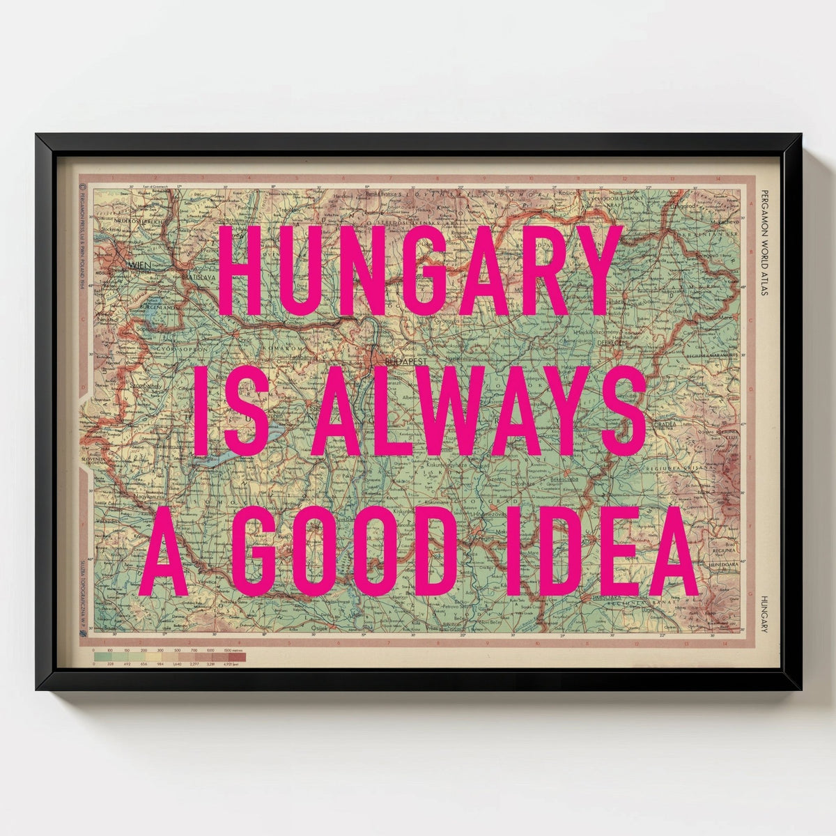 Hungary Retro Pop Art Map Print (landscape) - black frame mockup - Magic Posters
