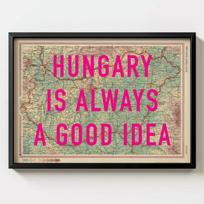 Hungary Retro Pop Art Map Print (landscape) - black frame mockup - Magic Posters