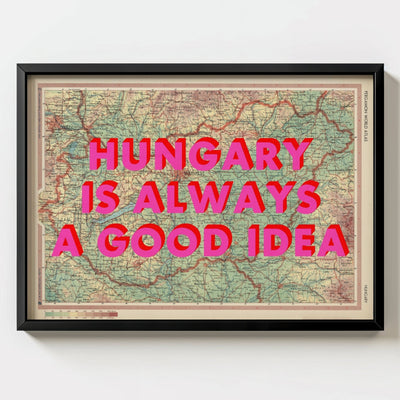 Hungary Retro Pop Art Map Print (landscape) - black frame mockup - Magic Posters
