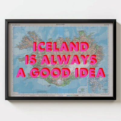 Iceland Retro Pop Art Map Print (landscape) - black frame mockup - Magic Posters