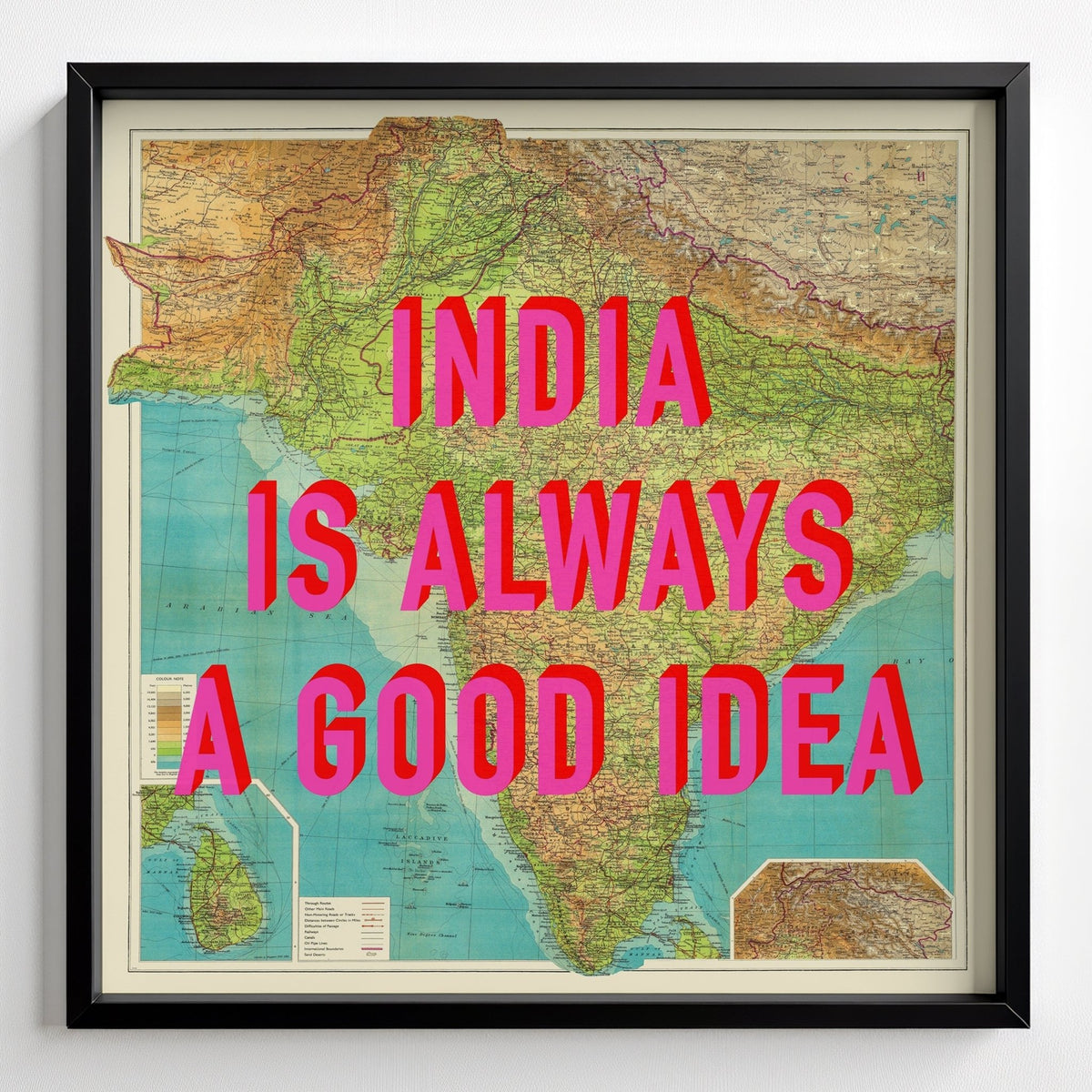 India Retro Pop Art Map Print - black frame mockup - Magic Posters