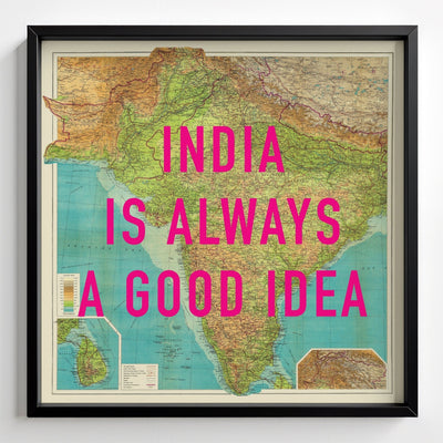 India Retro Pop Art Map Print - black frame mockup - Magic Posters