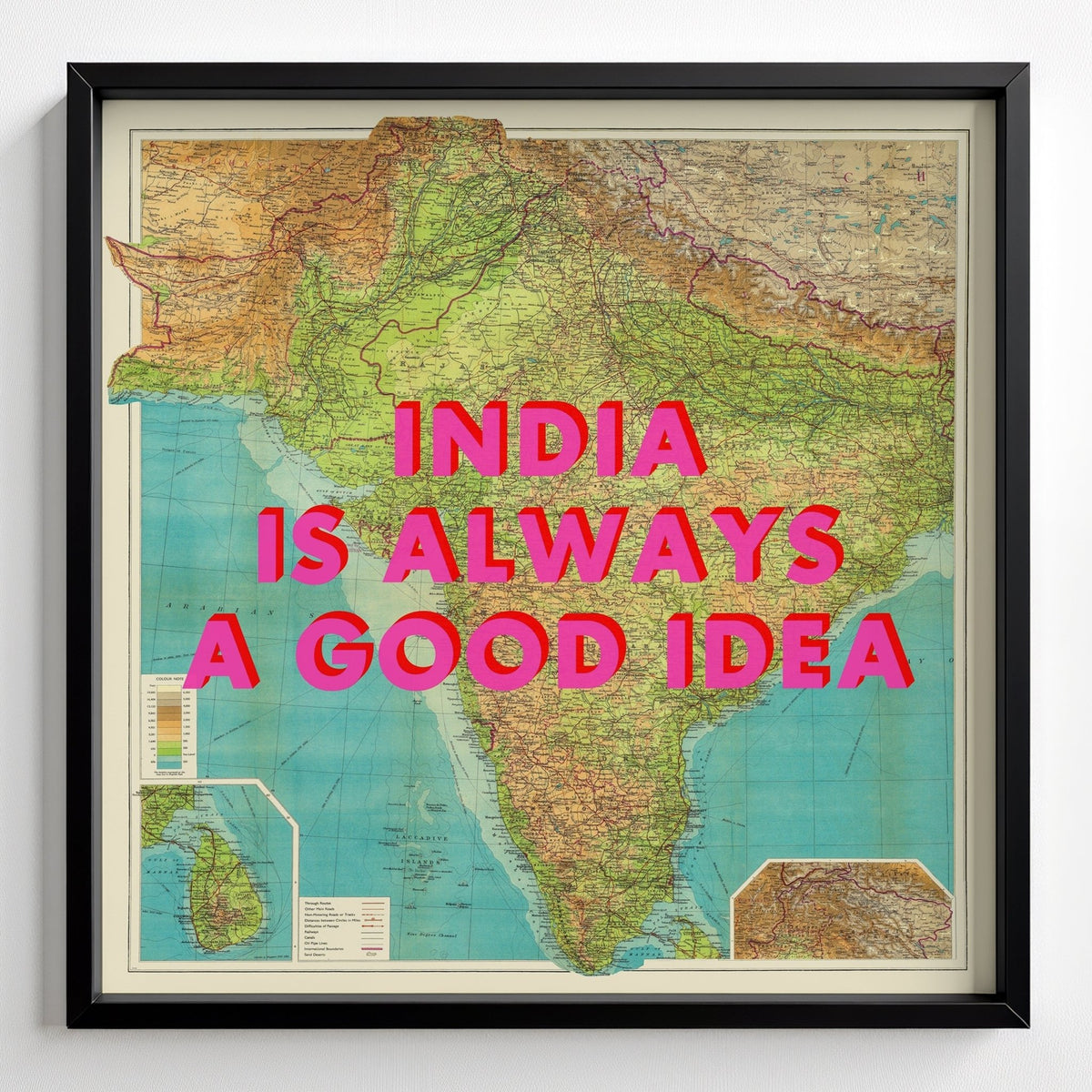 India Retro Pop Art Map Print - black frame mockup - Magic Posters
