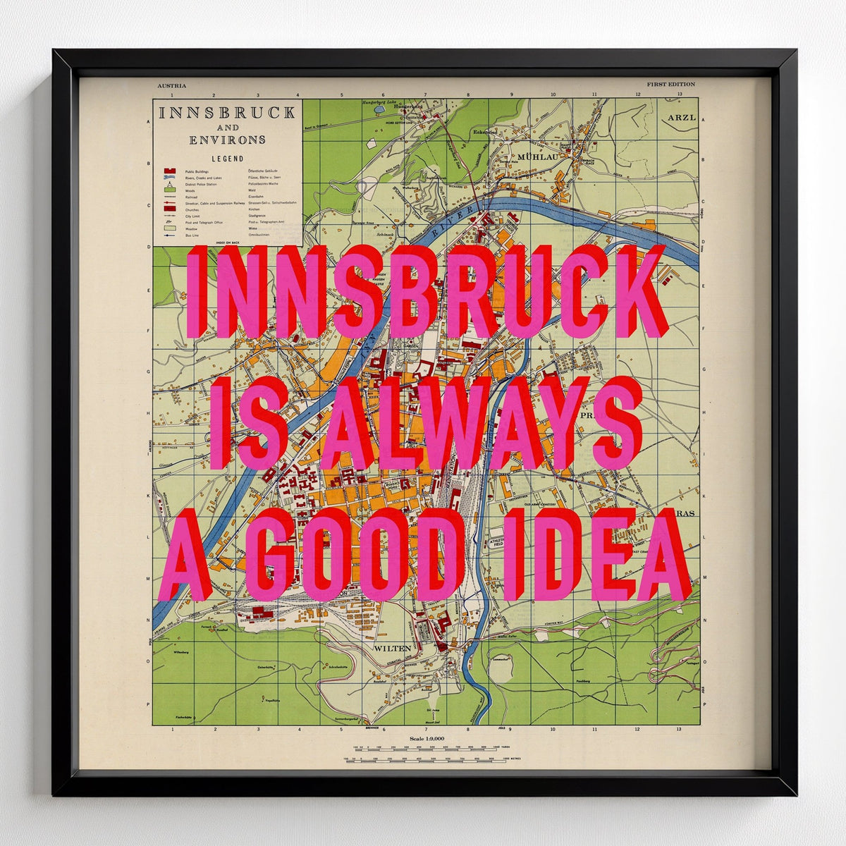 Innsbruck (Austria) Retro Pop Art Map Print - black frame mockup - Magic Posters