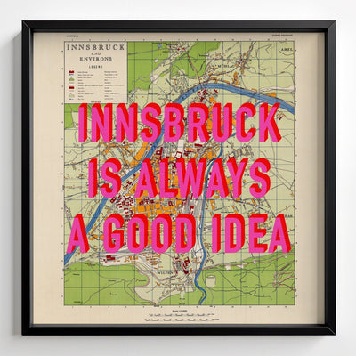 Innsbruck (Austria) Retro Pop Art Map Print - black frame mockup - Magic Posters