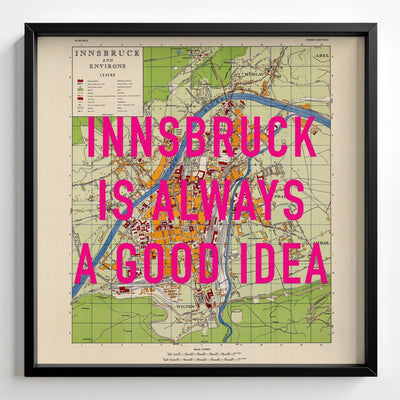 Innsbruck (Austria) Retro Pop Art Map Print - black frame mockup - Magic Posters