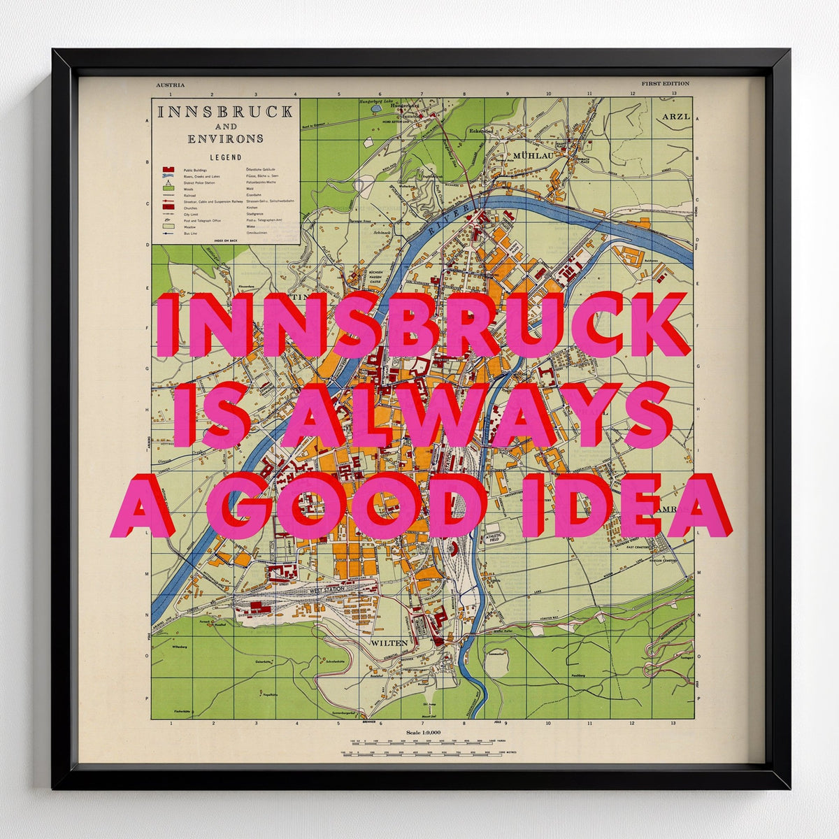 Innsbruck (Austria) Retro Pop Art Map Print - black frame mockup - Magic Posters