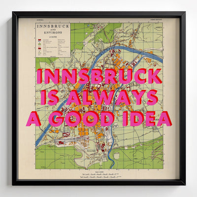 Innsbruck (Austria) Retro Pop Art Map Print - black frame mockup - Magic Posters