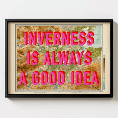 Inverness Retro Pop Art Map Print (Scotland) - black frame mockup - Magic Posters