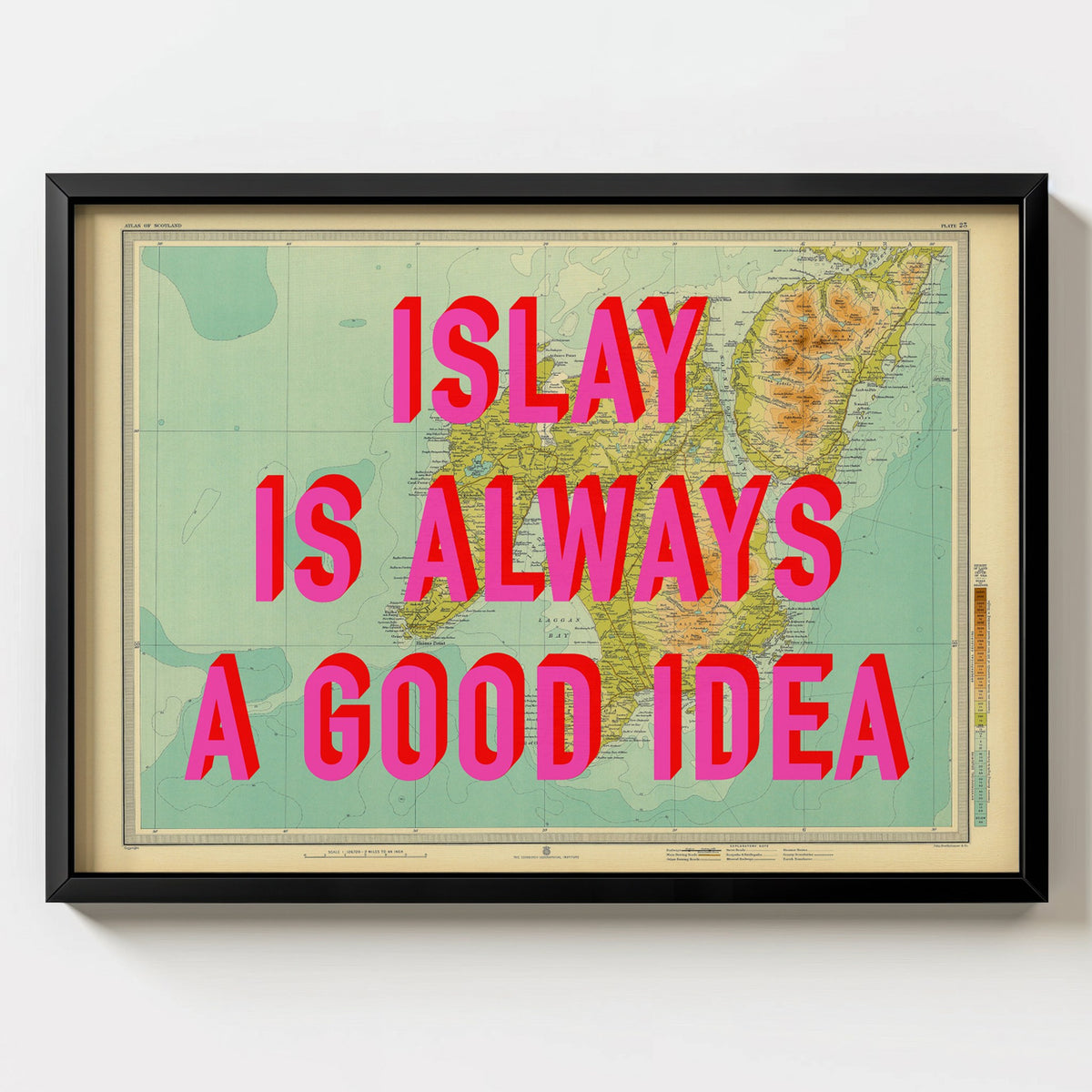 Islay Retro Pop Art Map Print (landscape) - black frame mockup - Magic Posters Bold