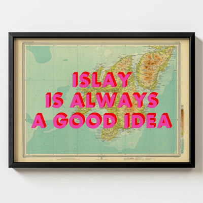 Islay Retro Pop Art Map Print (landscape) - black frame mockup - Magic Posters
