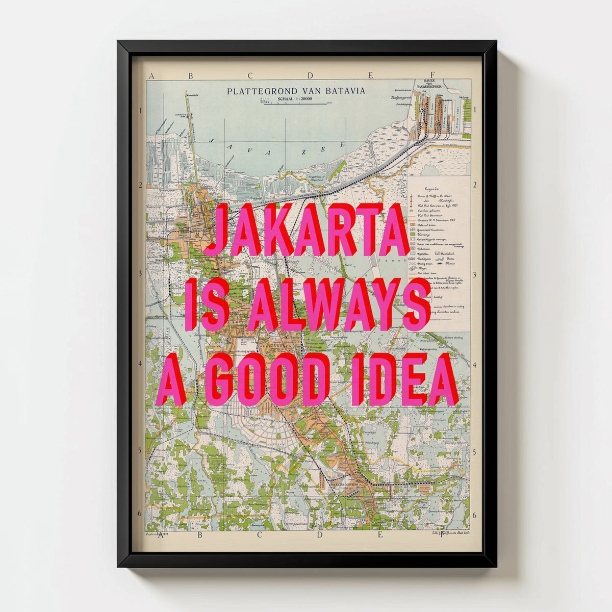 Jakarta Retro Pop Art Map Print (portrait) - black frame mockup - Magic Posters Bold