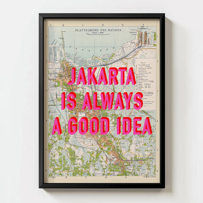 Jakarta Retro Pop Art Map Print (portrait) - black frame mockup - Magic Posters Bold