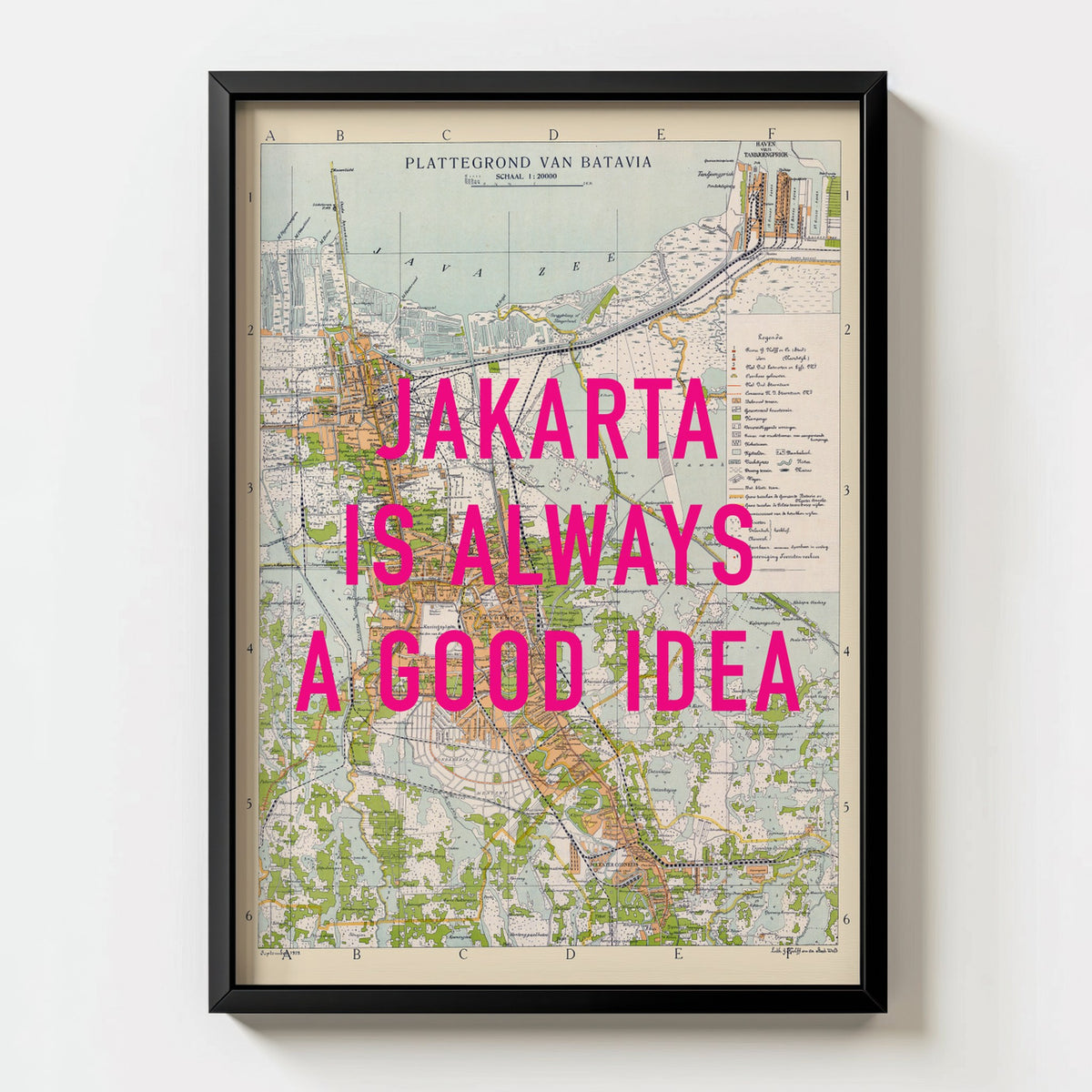 Jakarta Retro Pop Art Map Print (portrait) - black frame mockup - Magic Posters