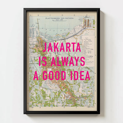 Jakarta Retro Pop Art Map Print (portrait) - black frame mockup - Magic Posters