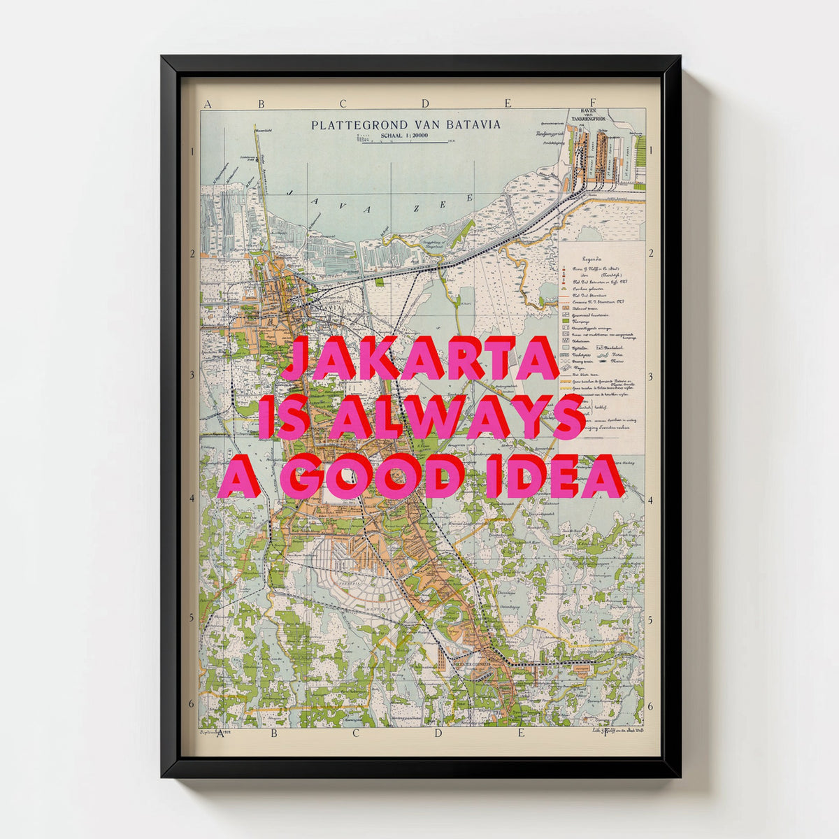 Jakarta Retro Pop Art Map Print (portrait) - black frame mockup - Magic Posters
