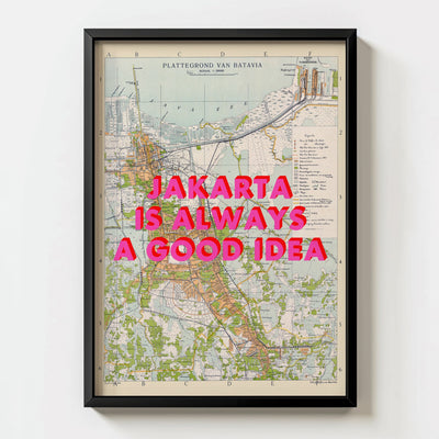 Jakarta Retro Pop Art Map Print (portrait) - black frame mockup - Magic Posters