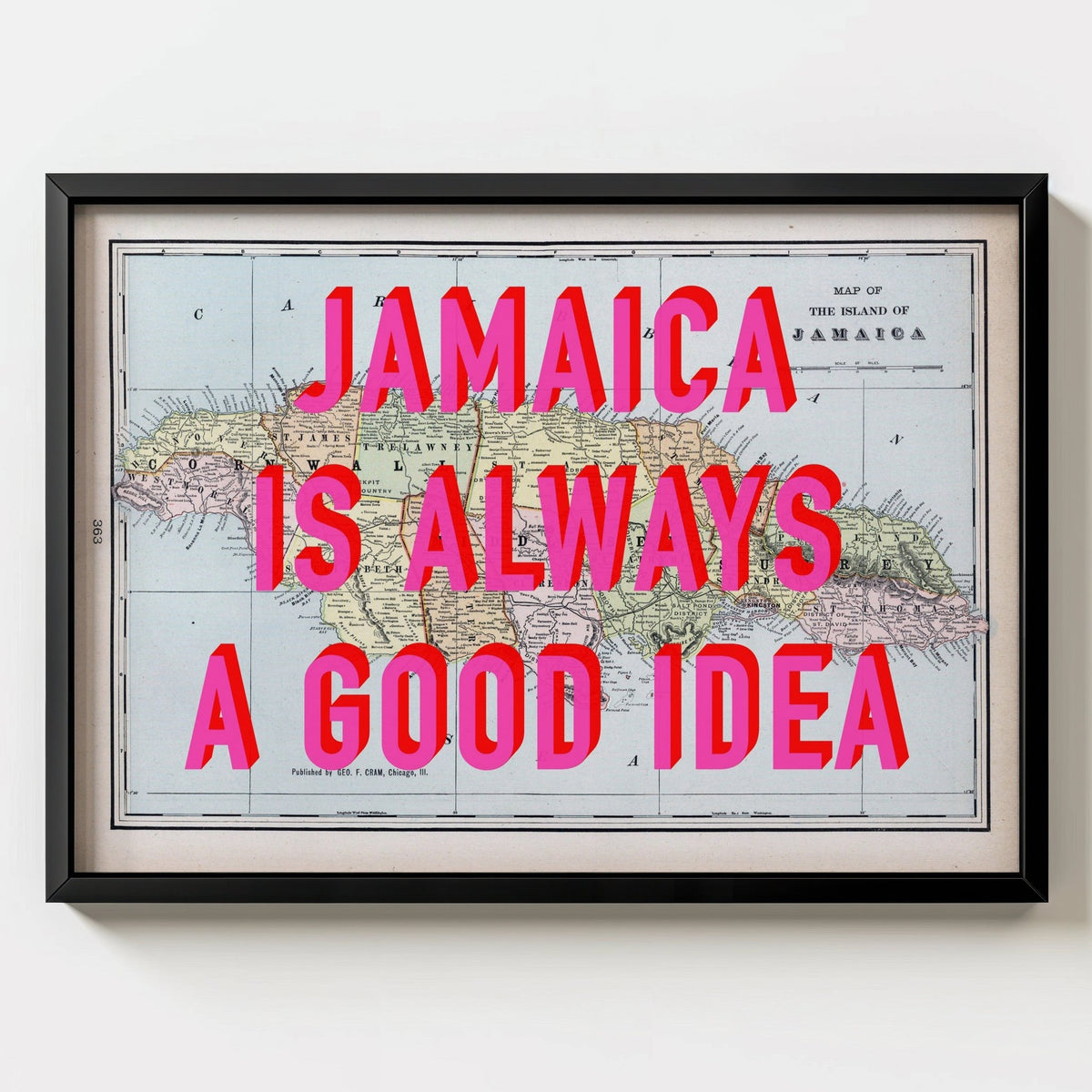 Jamaica Retro Pop Art Map Print (Landscape) - black frame mockup - Magic Posters