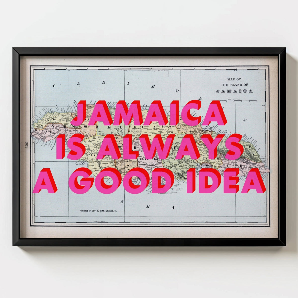 Jamaica Retro Pop Art Map Print (Landscape) - black frame mockup - Magic Posters