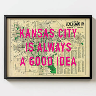 Kansas City Retro Pop Art Map Print (landscape) - black frame mockup - Magic Posters