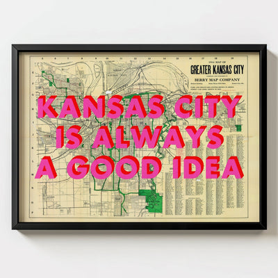 Kansas City Retro Pop Art Map Print (landscape) - black frame mockup - Magic Posters