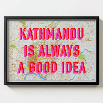 Kathmandu Retro Pop Art Map Print (landscape) - black frame mockup - Magic Posters Bold
