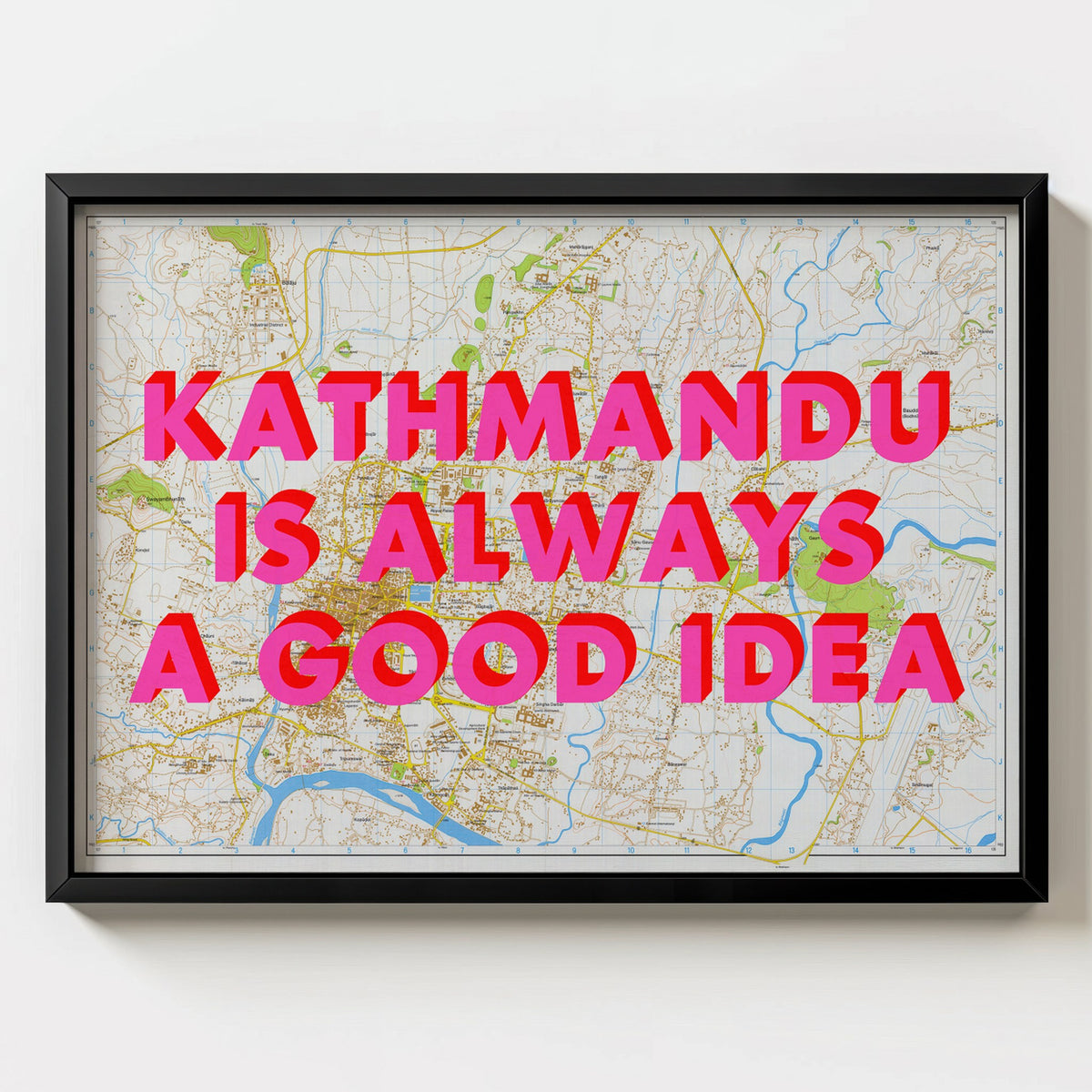 Kathmandu Retro Pop Art Map Print (landscape) - black frame mockup - Magic Posters