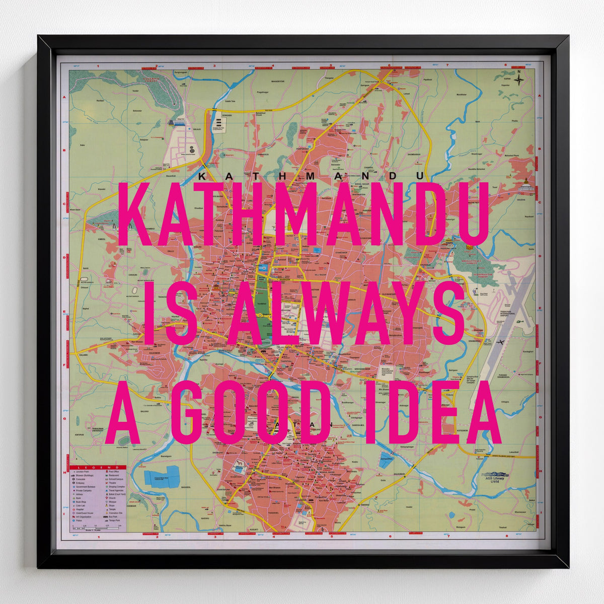 Kathmandu Retro Pop Art Map Print (square) - black frame mockup - Magic Posters Bold