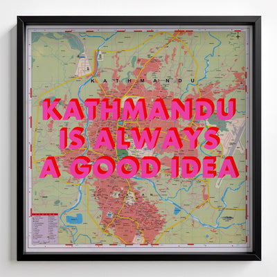 Kathmandu Retro Pop Art Map Print (square) - black frame mockup - Magic Posters