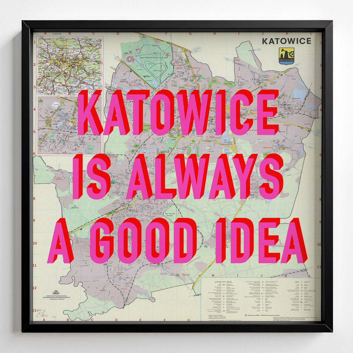 Katowice Retro Pop Art Map Print (square) - black frame mockup - Magic Posters Bold