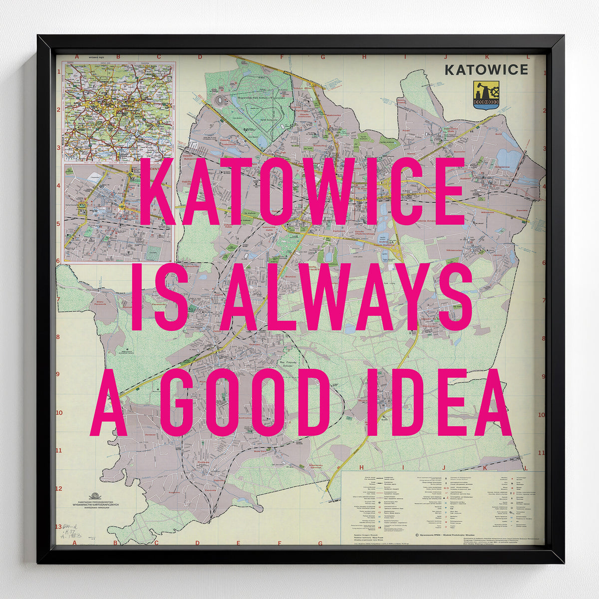 Katowice Retro Pop Art Map Print (square) - black frame mockup - Magic Posters