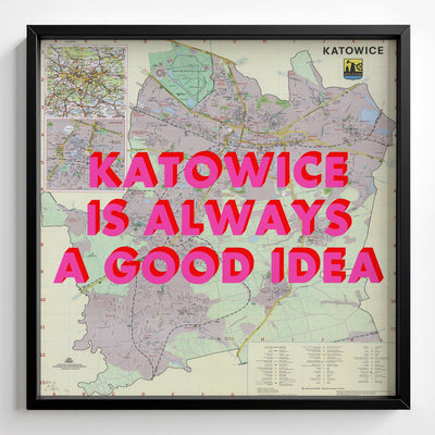 Katowice Retro Pop Art Map Print (square) - black frame mockup - Magic Posters