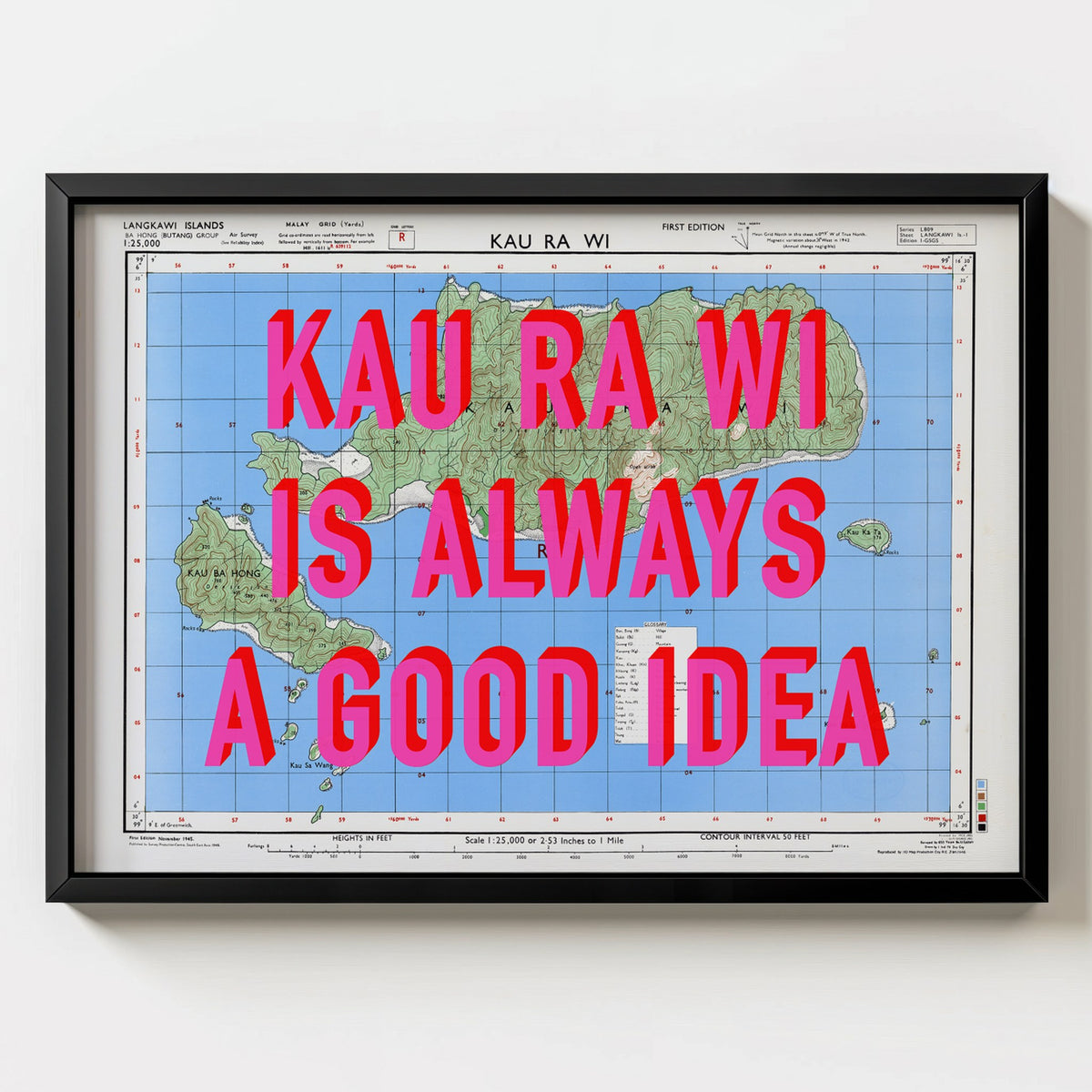 Kau Ra Wi Retro Pop Art Map Print (landscape) - black frame mockup - Magic Posters Bold
