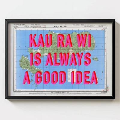 Kau Ra Wi Retro Pop Art Map Print (landscape) - black frame mockup - Magic Posters Bold