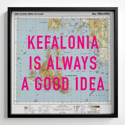 Kefalonia Retro Pop Art Map Print (square) - black frame mockup - Magic Posters