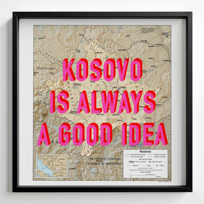 Kosovo Retro Pop Art Map Print (square) - black frame mockup - Magic Posters Bold