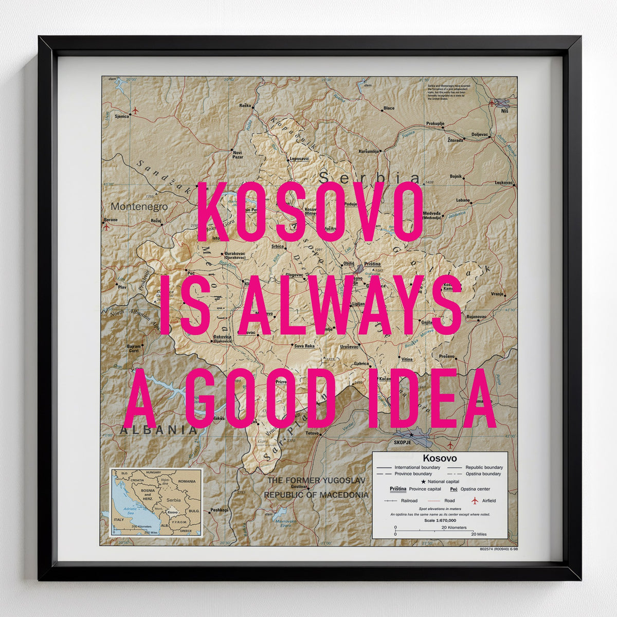 Kosovo Retro Pop Art Map Print (square) - black frame mockup - Magic Posters