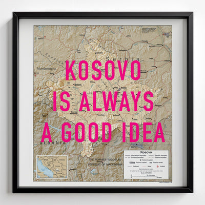 Kosovo Retro Pop Art Map Print (square) - black frame mockup - Magic Posters