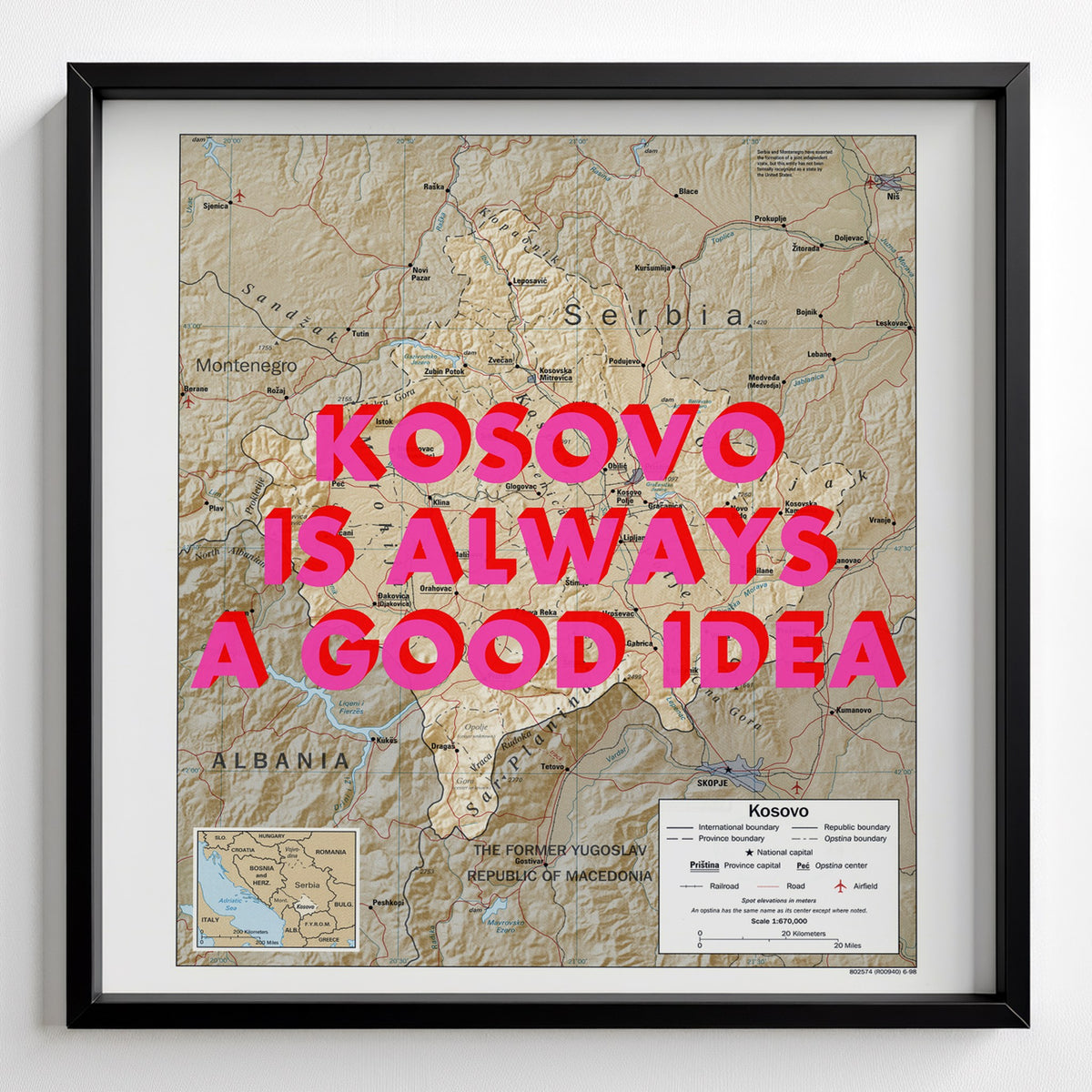 Kosovo Retro Pop Art Map Print (square) - black frame mockup - Magic Posters