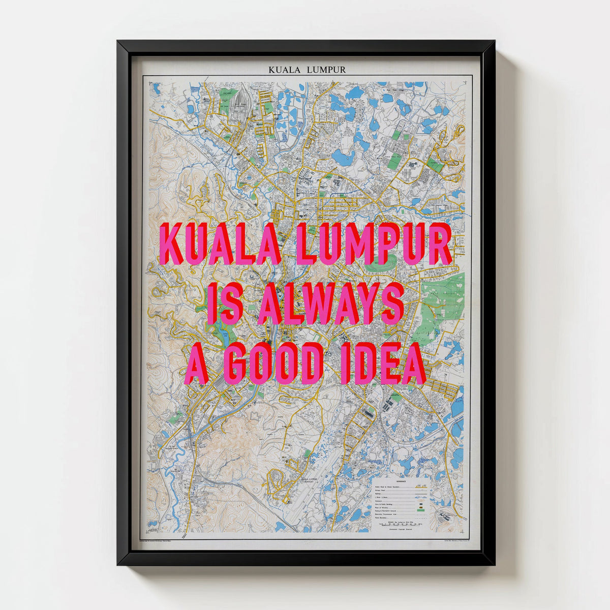 Kuala Lumpur Retro Pop Art Map Print (portrait) - black frame mockup - Magic Posters Bold